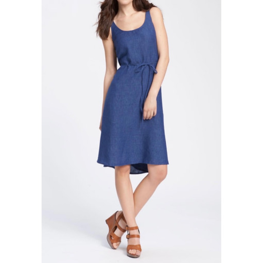 Eileen Fisher Blue 100% Linen Sleeveless Tie Waist High Low Midi Dress Womens M